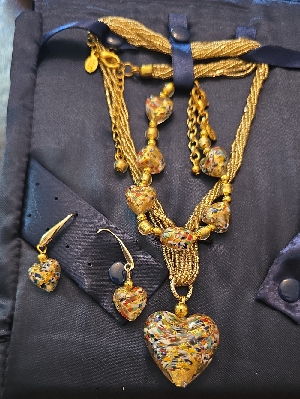 Made in Italy Murano Gold Multicolor Heart Glass Pendant Necklace & Earrings Set